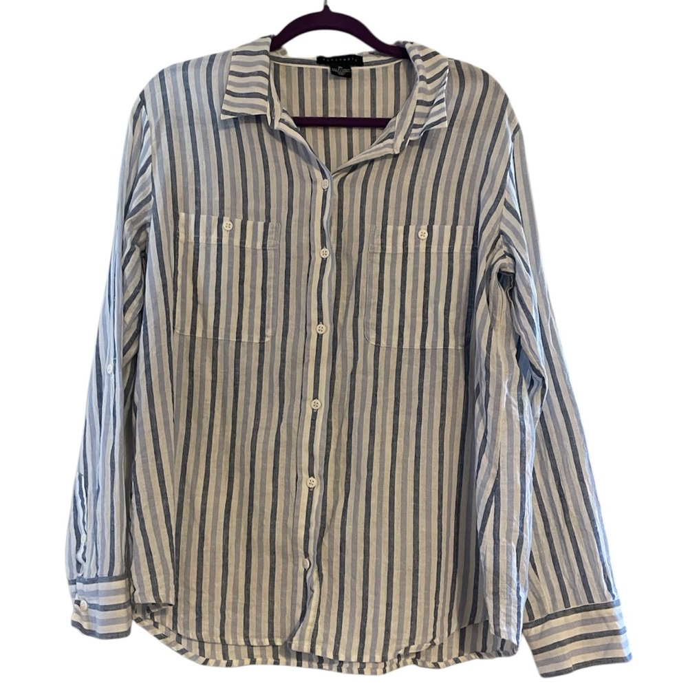 Sanctuary Tomboy Shirt XL Blue White Stripe Linen Cotton Button Down